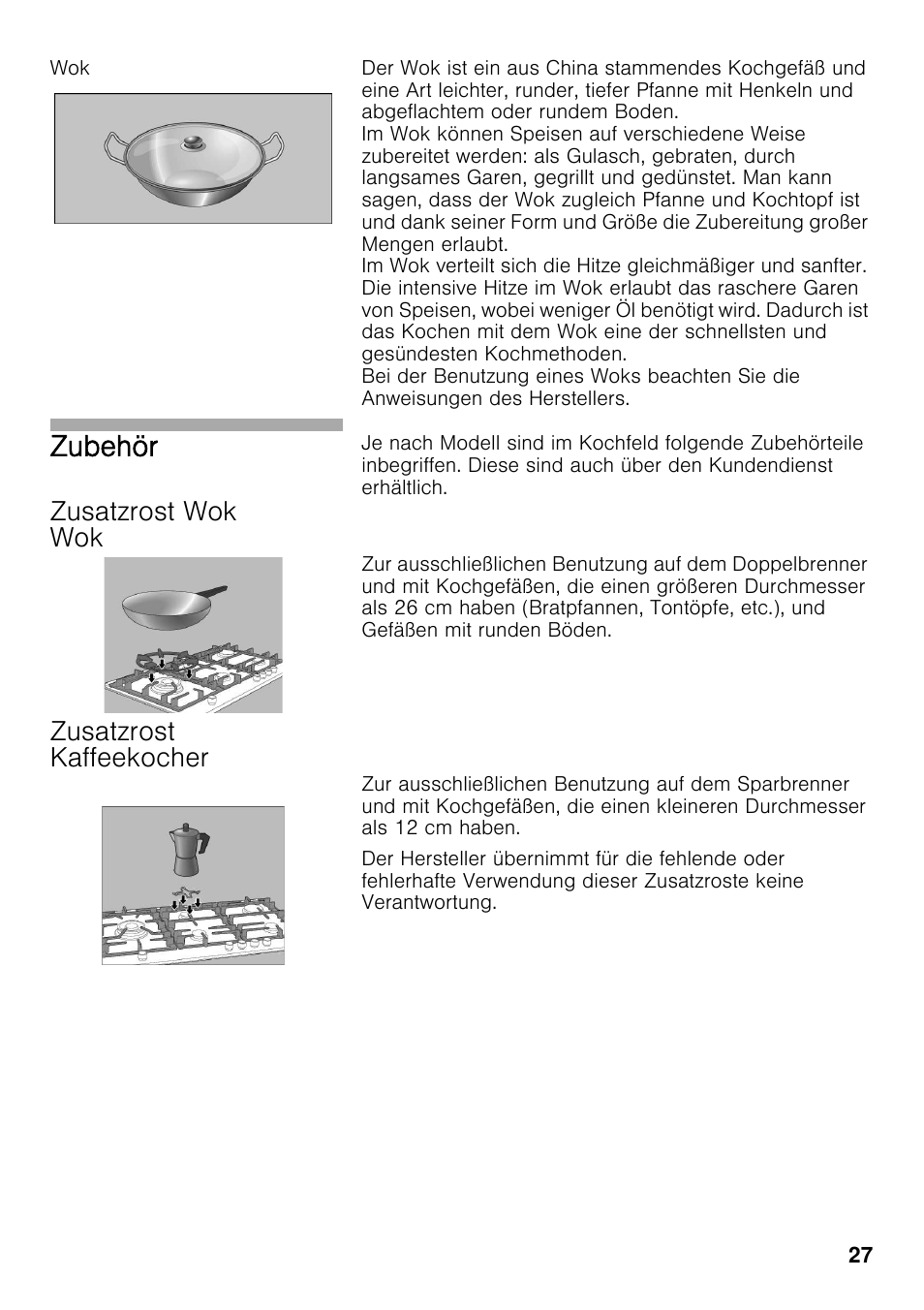 Zusatzrost wok wok, Zusatzrost kaffeekocher, Zubehör | Bosch PRS926F70E Gas-Kochstelle Glaskeramik 90 cm User Manual | Page 26 / 111