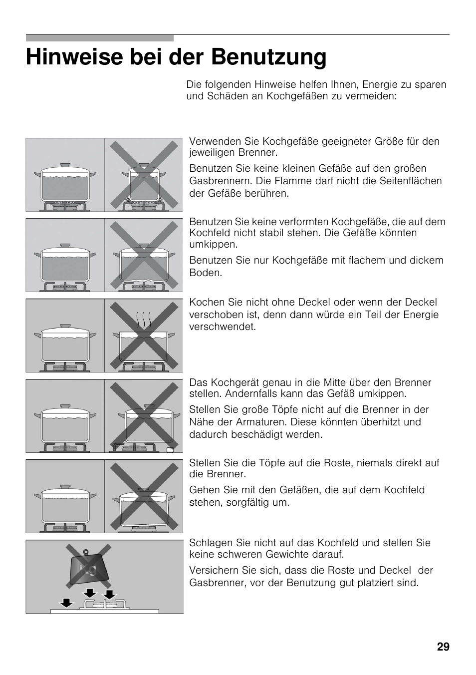 Hinweise bei der benutzung | Bosch PRS926F70E Gas-Kochstelle Glaskeramik 90 cm User Manual | Page 28 / 111