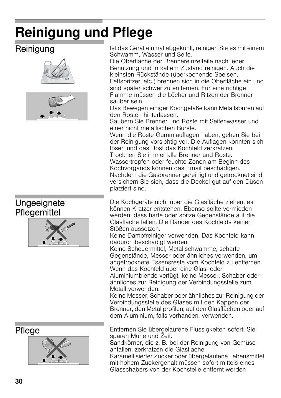 Reinigung und pflege, Reinigung, Ungeeignete pflegemittel | Pflege | Bosch PRS926F70E Gas-Kochstelle Glaskeramik 90 cm User Manual | Page 29 / 111