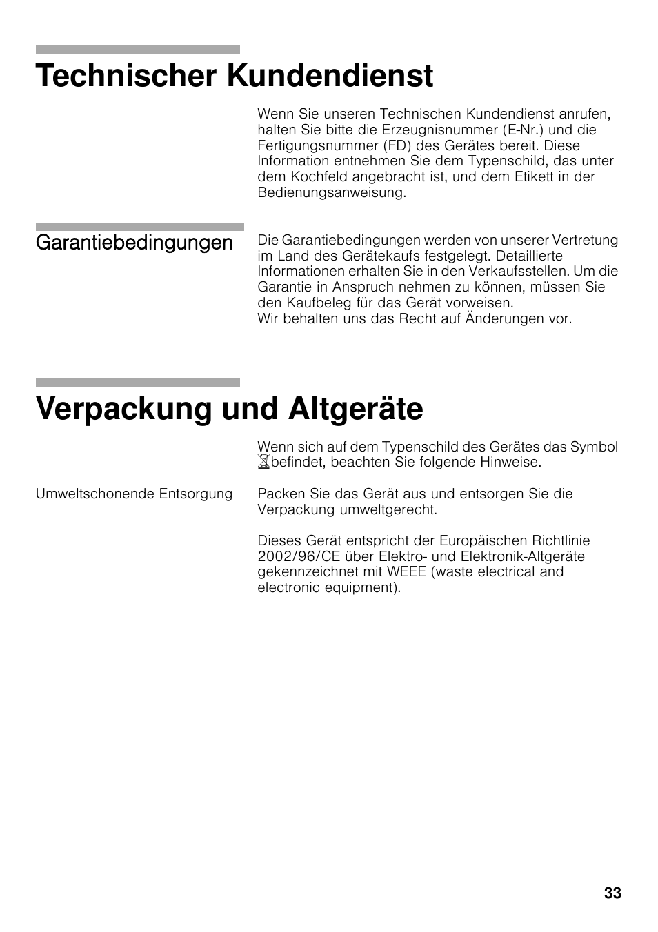 Umweltschonende entsorgung, Technischer kundendienst, Verpackung und altgeräte | Garantiebedingungen | Bosch PRS926F70E Gas-Kochstelle Glaskeramik 90 cm User Manual | Page 32 / 111