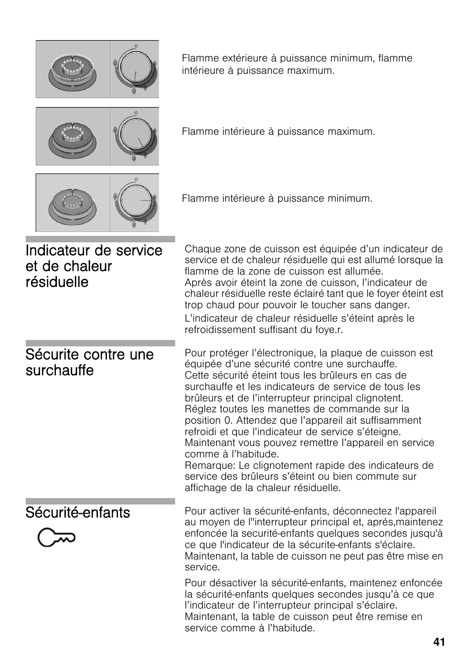 Indicateur de service et de chaleur résiduelle, Sécurite contre une surchauffe, Sécurité-enfants | Bosch PRS926F70E Gas-Kochstelle Glaskeramik 90 cm User Manual | Page 40 / 111