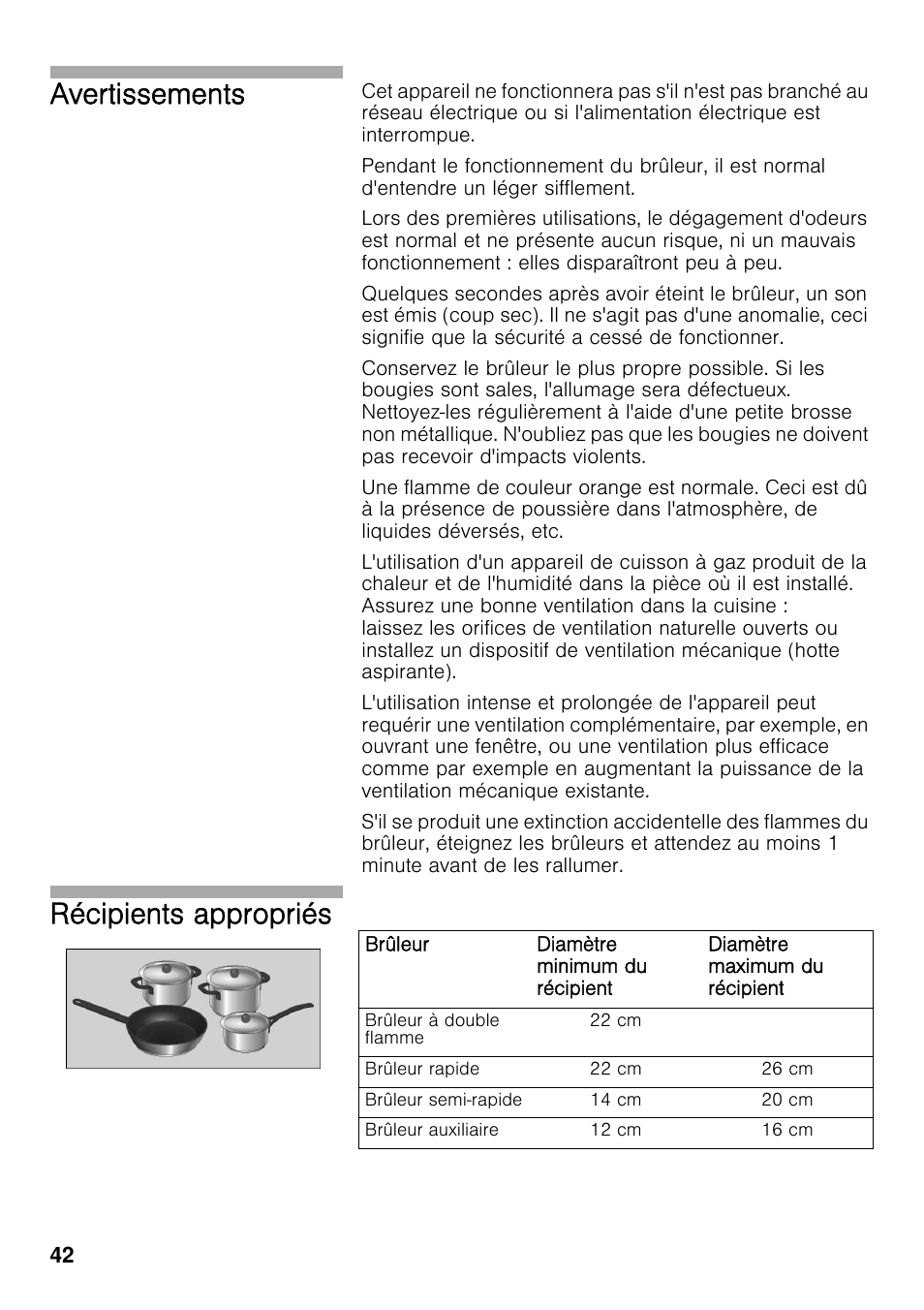 Avertissements, Récipients appropriés | Bosch PRS926F70E Gas-Kochstelle Glaskeramik 90 cm User Manual | Page 41 / 111