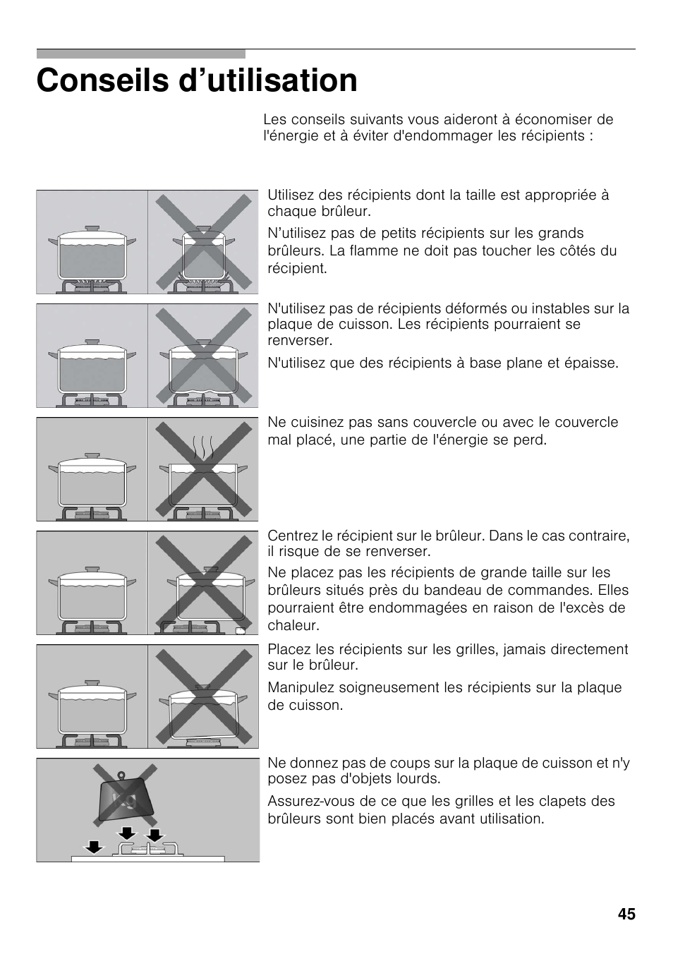 Conseils d’utilisation | Bosch PRS926F70E Gas-Kochstelle Glaskeramik 90 cm User Manual | Page 44 / 111