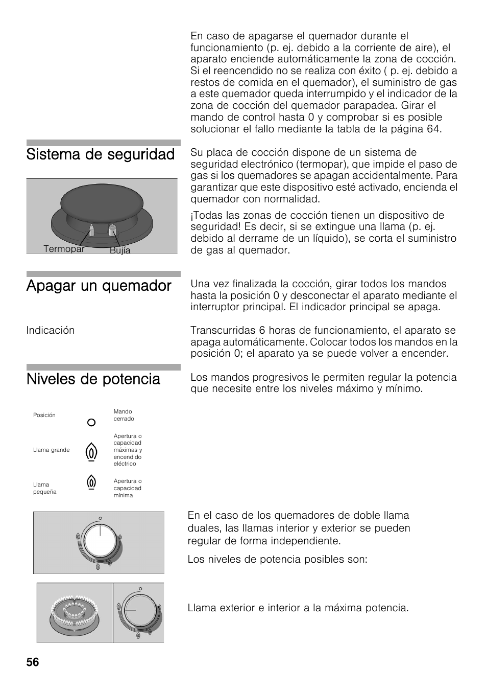 Indicación, Sistema de seguridad, Apagar un quemador | Niveles de potencia | Bosch PRS926F70E Gas-Kochstelle Glaskeramik 90 cm User Manual | Page 55 / 111