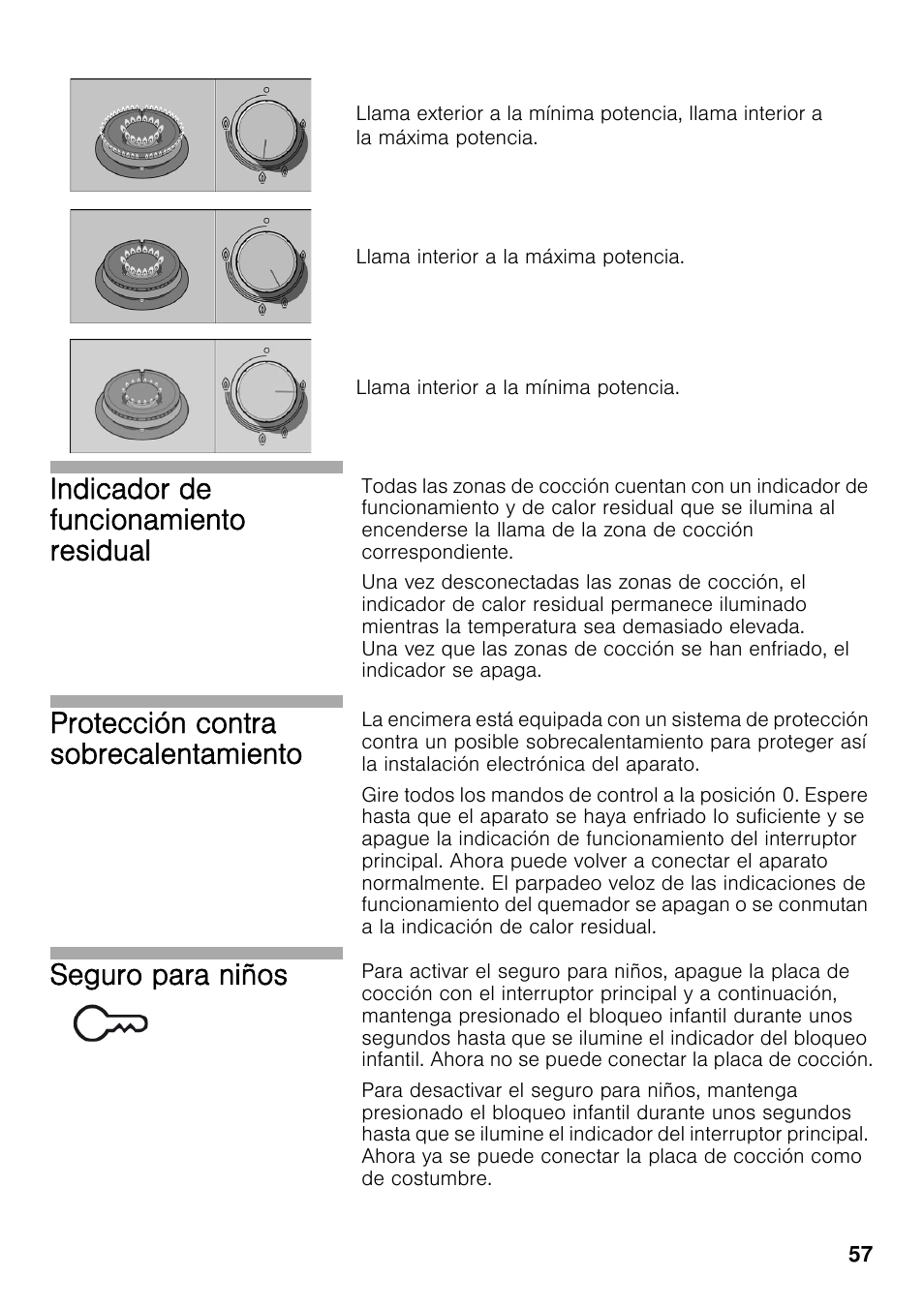 Indicador de funcionamiento residual, Protección contra sobrecalentamiento, Seguro para niños | Bosch PRS926F70E Gas-Kochstelle Glaskeramik 90 cm User Manual | Page 56 / 111