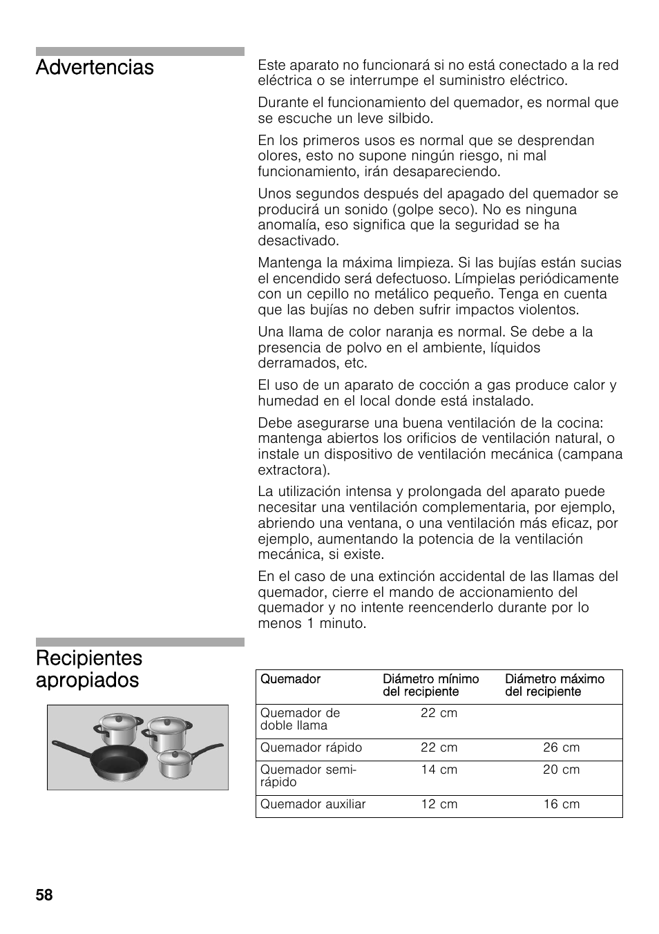 Advertencias, Recipientes apropiados | Bosch PRS926F70E Gas-Kochstelle Glaskeramik 90 cm User Manual | Page 57 / 111