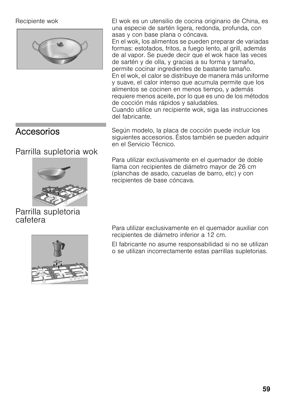 Recipiente wok, Parrilla supletoria wok, Parrilla supletoria cafetera | Accesorios | Bosch PRS926F70E Gas-Kochstelle Glaskeramik 90 cm User Manual | Page 58 / 111