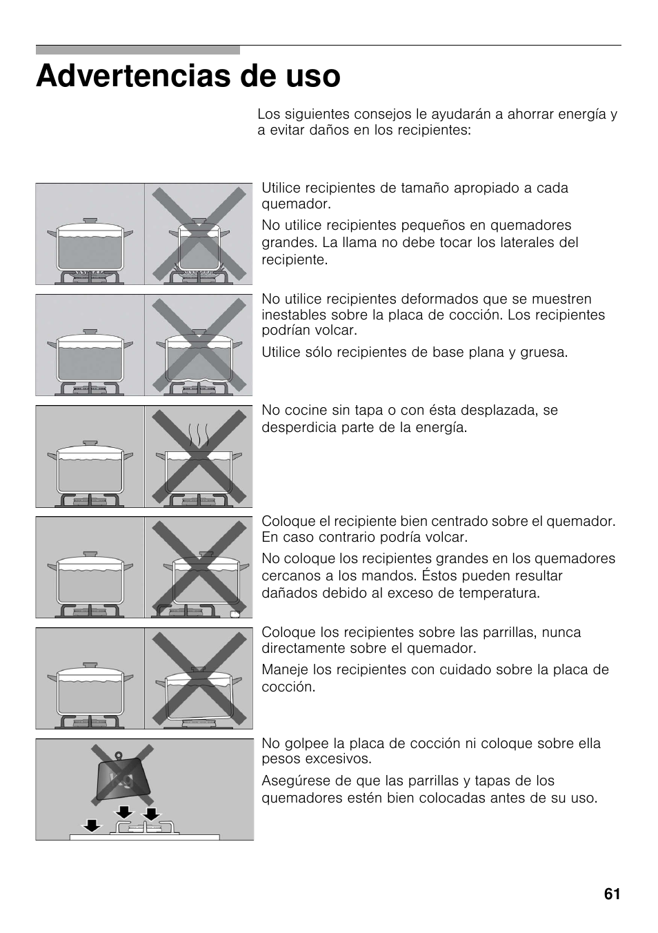 Advertencias de uso | Bosch PRS926F70E Gas-Kochstelle Glaskeramik 90 cm User Manual | Page 60 / 111