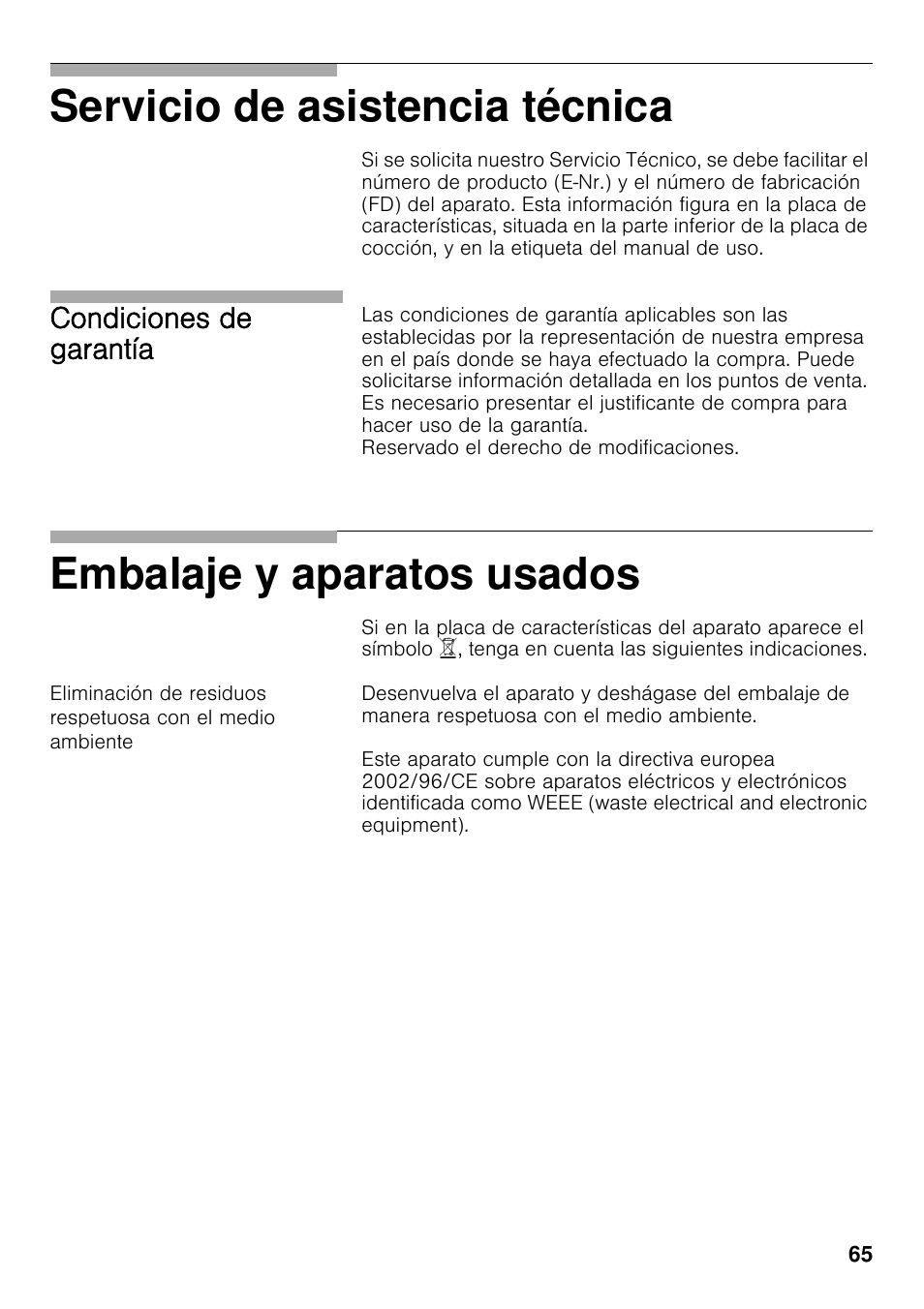 Servicio de asistencia técnica, Embalaje y aparatos usados, Condiciones de garantía | Bosch PRS926F70E Gas-Kochstelle Glaskeramik 90 cm User Manual | Page 64 / 111