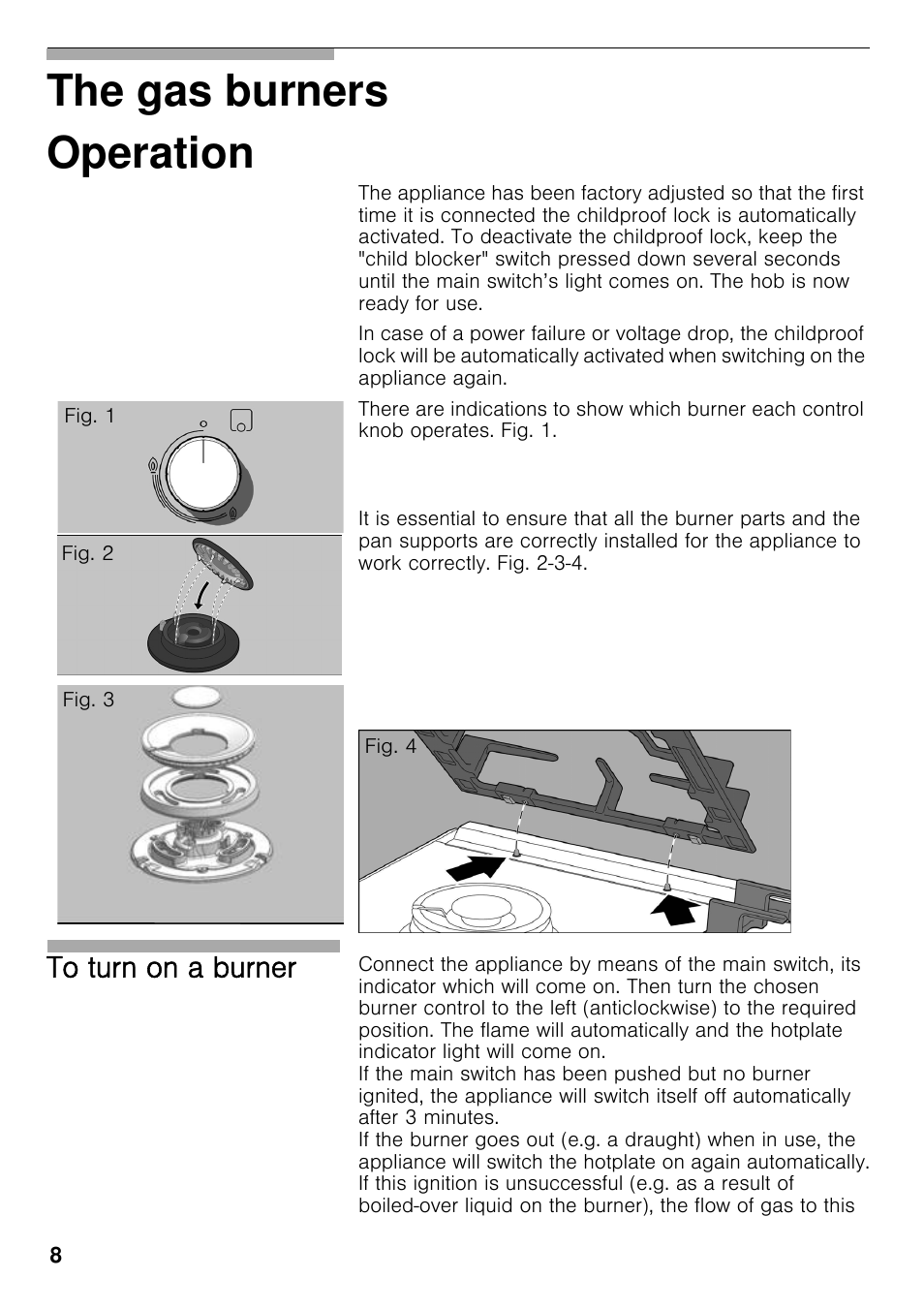 Operation, The gas burners operation | Bosch PRS926F70E Gas-Kochstelle Glaskeramik 90 cm User Manual | Page 7 / 111