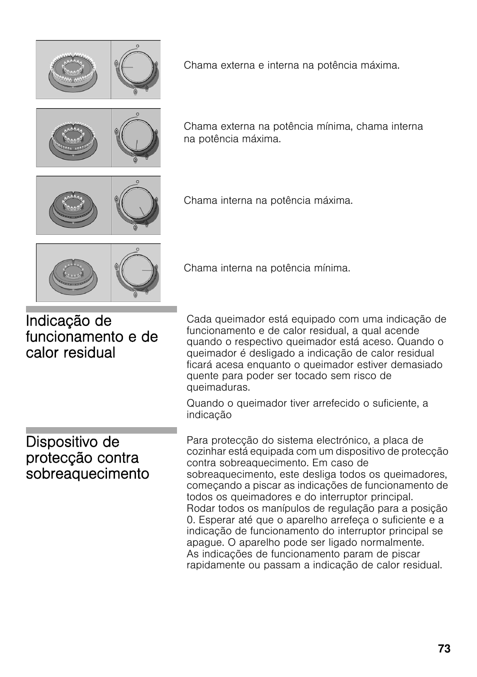 Indicação de funcionamento e de calor residual, Dispositivo de protecção contra sobreaquecimento | Bosch PRS926F70E Gas-Kochstelle Glaskeramik 90 cm User Manual | Page 72 / 111