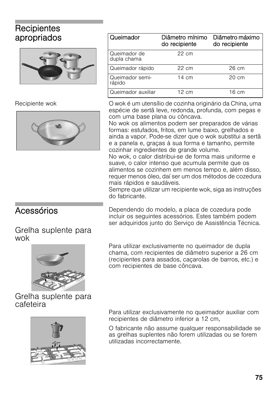 Recipiente wok, Grelha suplente para wok, Grelha suplente para cafeteira | Recipientes apropriados, Acessórios | Bosch PRS926F70E Gas-Kochstelle Glaskeramik 90 cm User Manual | Page 74 / 111