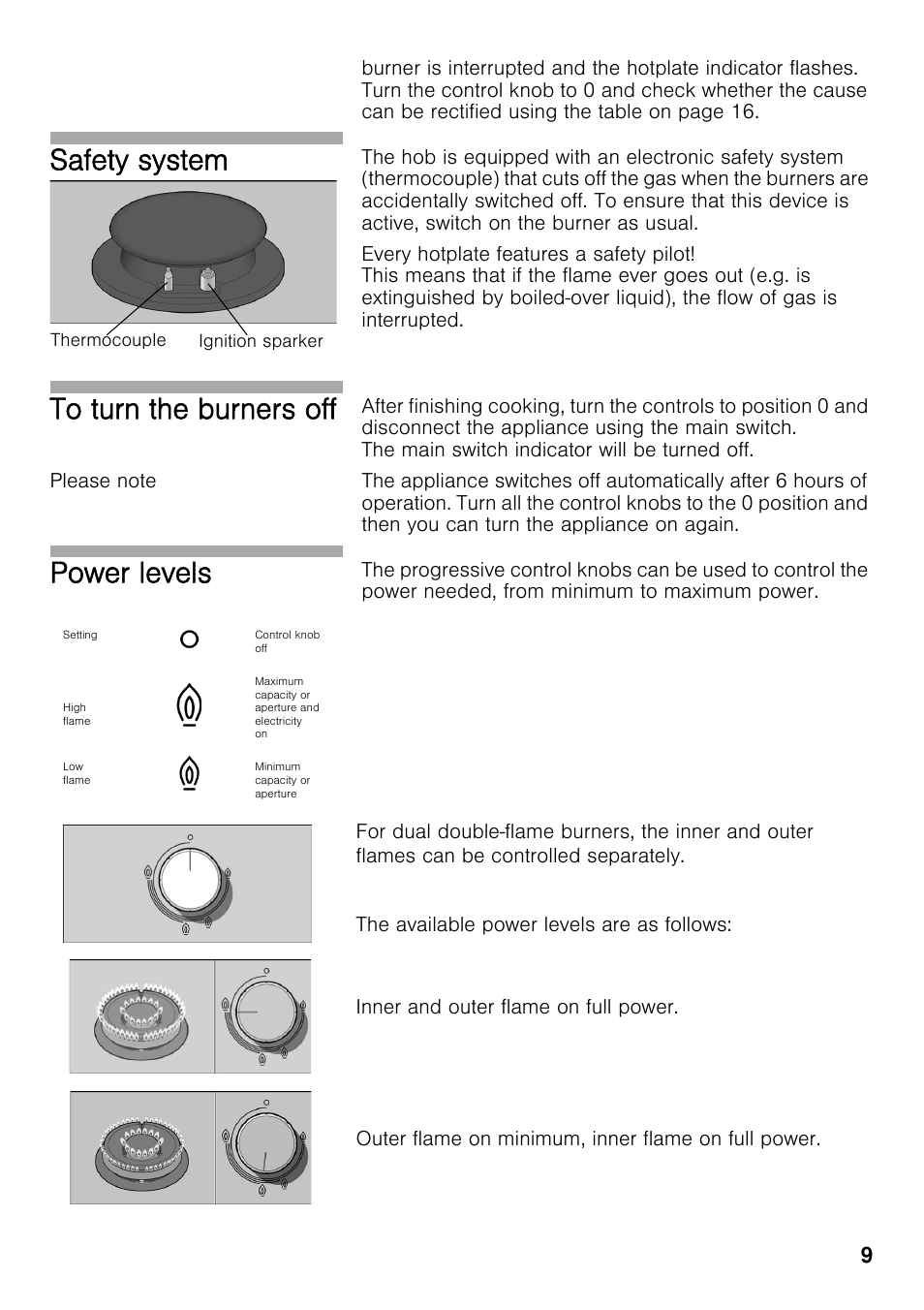 Please note, Safety system, Power levels | Bosch PRS926F70E Gas-Kochstelle Glaskeramik 90 cm User Manual | Page 8 / 111
