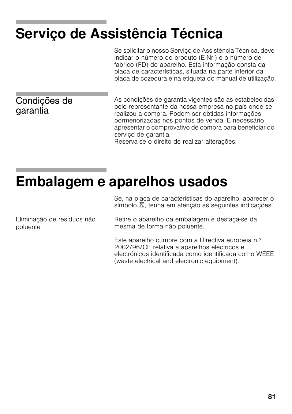 Eliminação de resíduos não poluente, Serviço de assistência técnica, Embalagem e aparelhos usados | Condições de garantia | Bosch PRS926F70E Gas-Kochstelle Glaskeramik 90 cm User Manual | Page 80 / 111