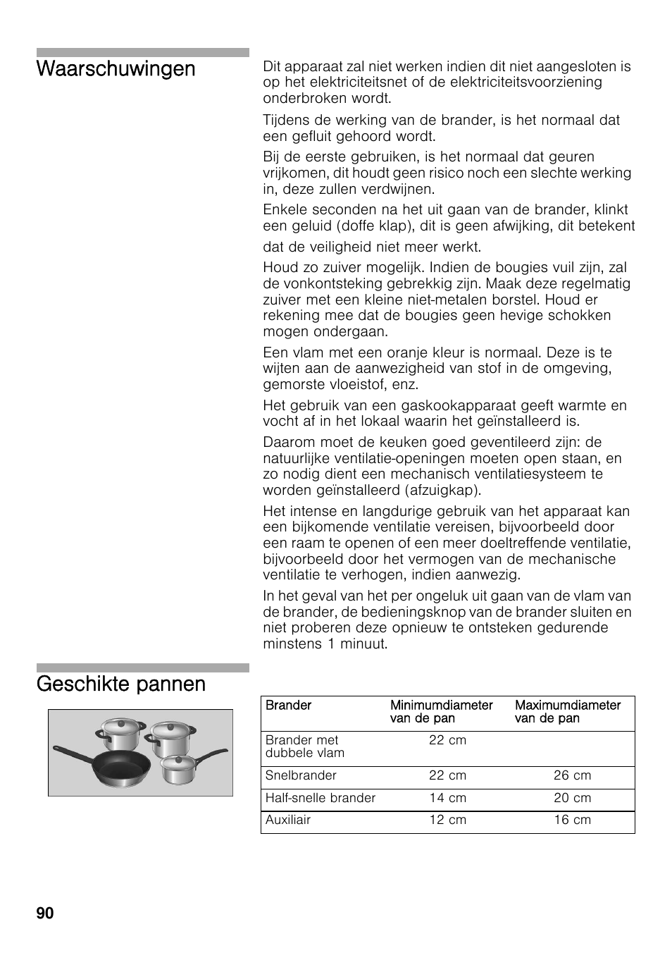 Waarschuwingen, Geschikte pannen | Bosch PRS926F70E Gas-Kochstelle Glaskeramik 90 cm User Manual | Page 89 / 111