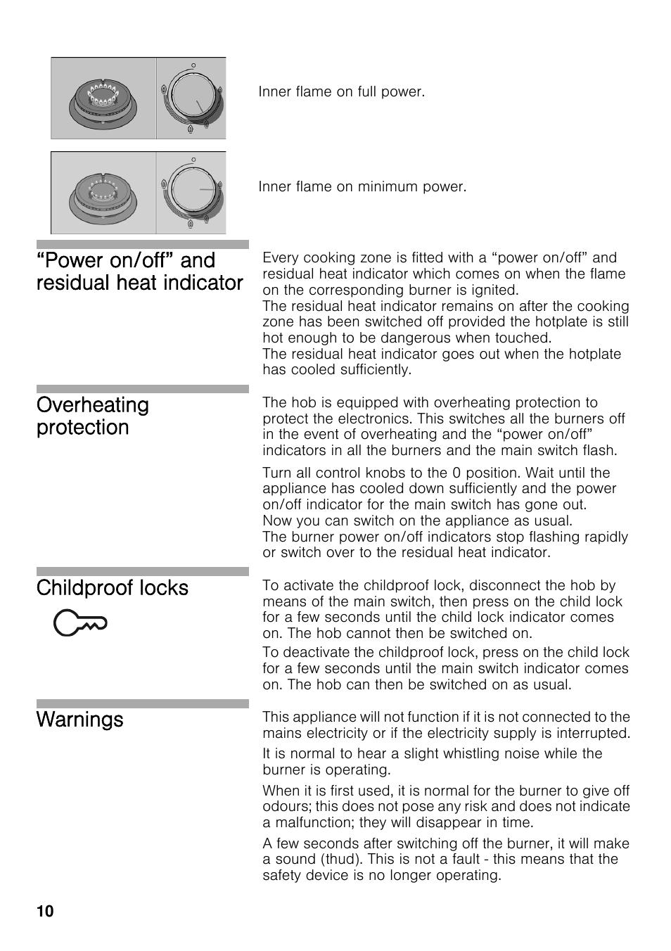 Power on/off” and residual heat indicator, Overheating protection, Childproof locks | Warnings | Bosch PRS926F70E Gas-Kochstelle Glaskeramik 90 cm User Manual | Page 9 / 111