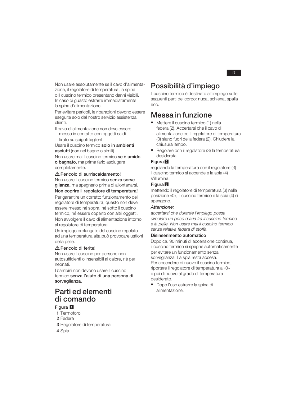 Parti ed elementi di comando, Messa in funzione, Possibilità d'impiego | Bosch PFP5030 Rücken- und Nackenkissen relaxxtherm sports User Manual | Page 10 / 47