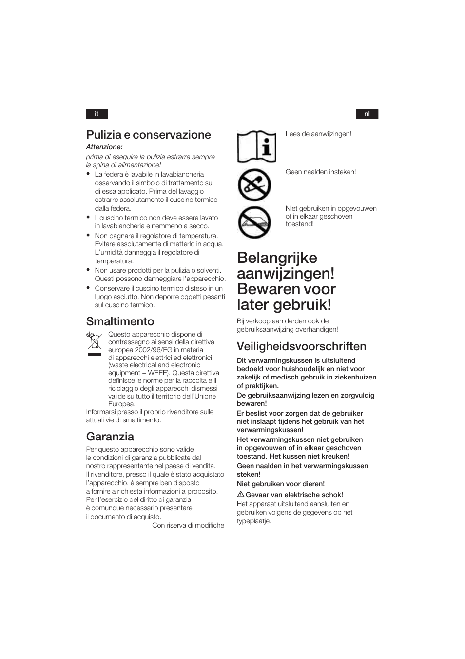 Pulizia e conservazione, Smaltimento, Garanzia | Veiligheidsvoorschriften | Bosch PFP5030 Rücken- und Nackenkissen relaxxtherm sports User Manual | Page 11 / 47