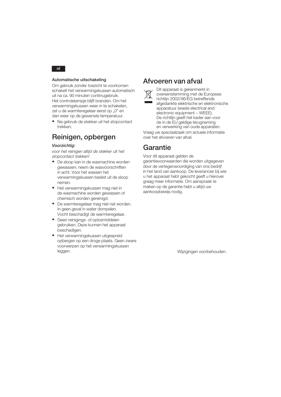 Reinigen, opbergen, Afvoeren van afval, Garantie | Bosch PFP5030 Rücken- und Nackenkissen relaxxtherm sports User Manual | Page 13 / 47