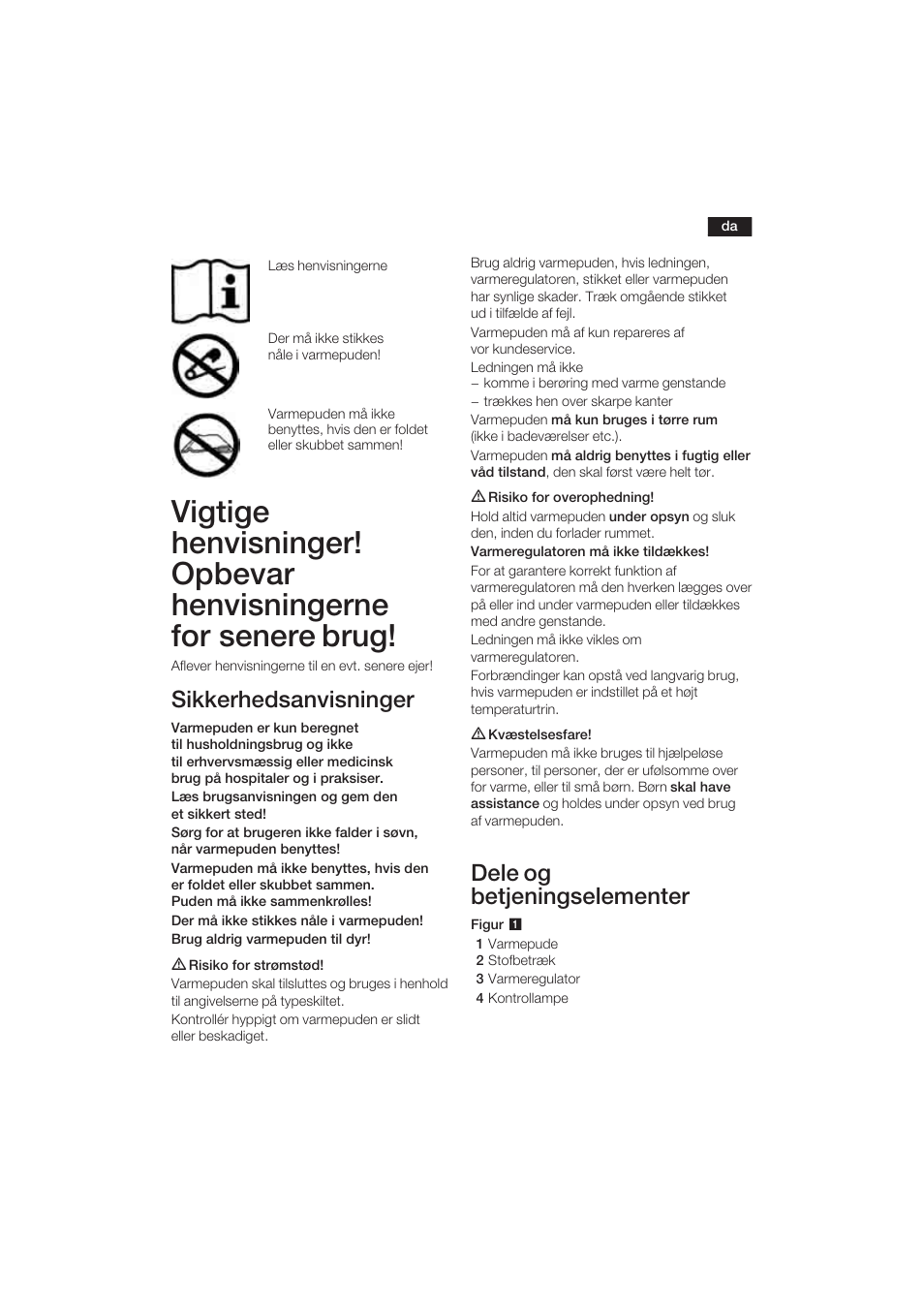 Sikkerhedsanvisninger, Dele og betjeningselementer | Bosch PFP5030 Rücken- und Nackenkissen relaxxtherm sports User Manual | Page 14 / 47