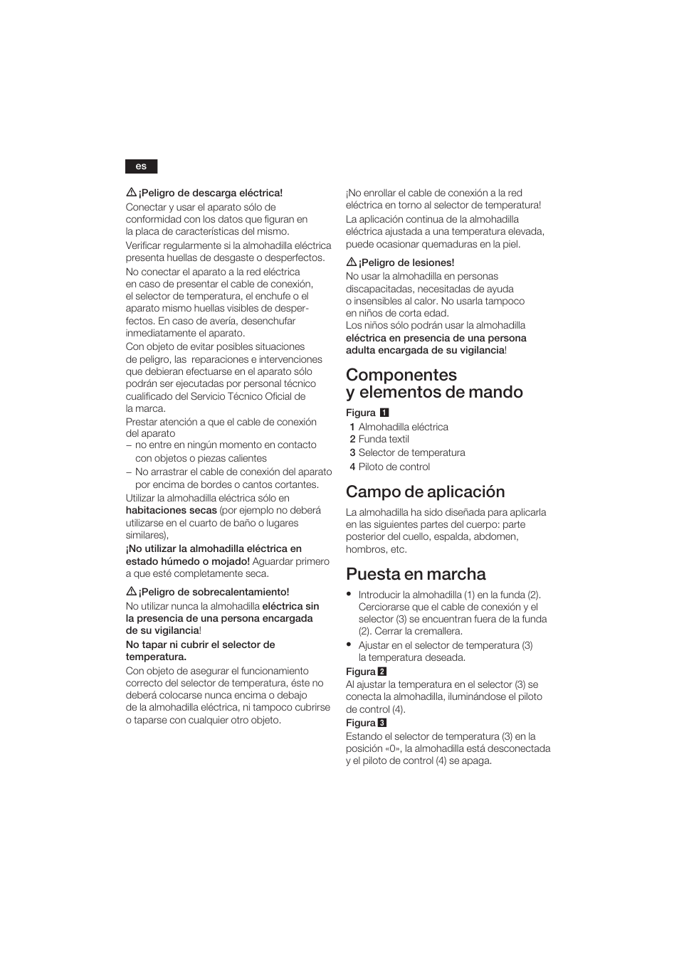 Componentes y elementos de mando, Puesta en marcha, Campo de aplicación | Bosch PFP5030 Rücken- und Nackenkissen relaxxtherm sports User Manual | Page 23 / 47