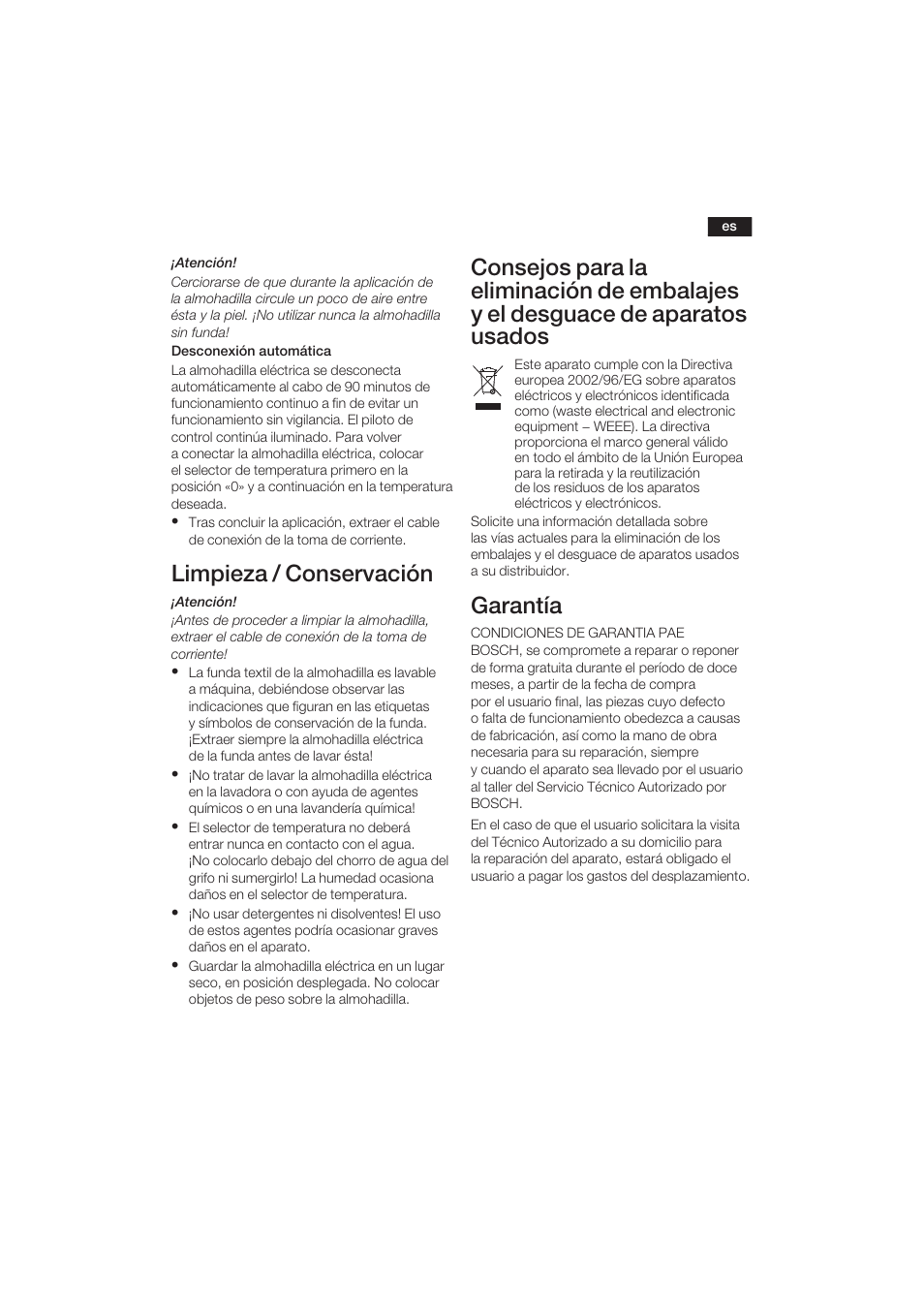 Limpieza / conservación, Garantía | Bosch PFP5030 Rücken- und Nackenkissen relaxxtherm sports User Manual | Page 24 / 47