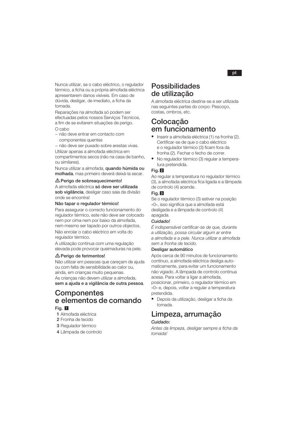 Componentes e elementos de comando, Colocação em funcionamento, Limpeza, arrumação | Possibilidades de utilização | Bosch PFP5030 Rücken- und Nackenkissen relaxxtherm sports User Manual | Page 26 / 47