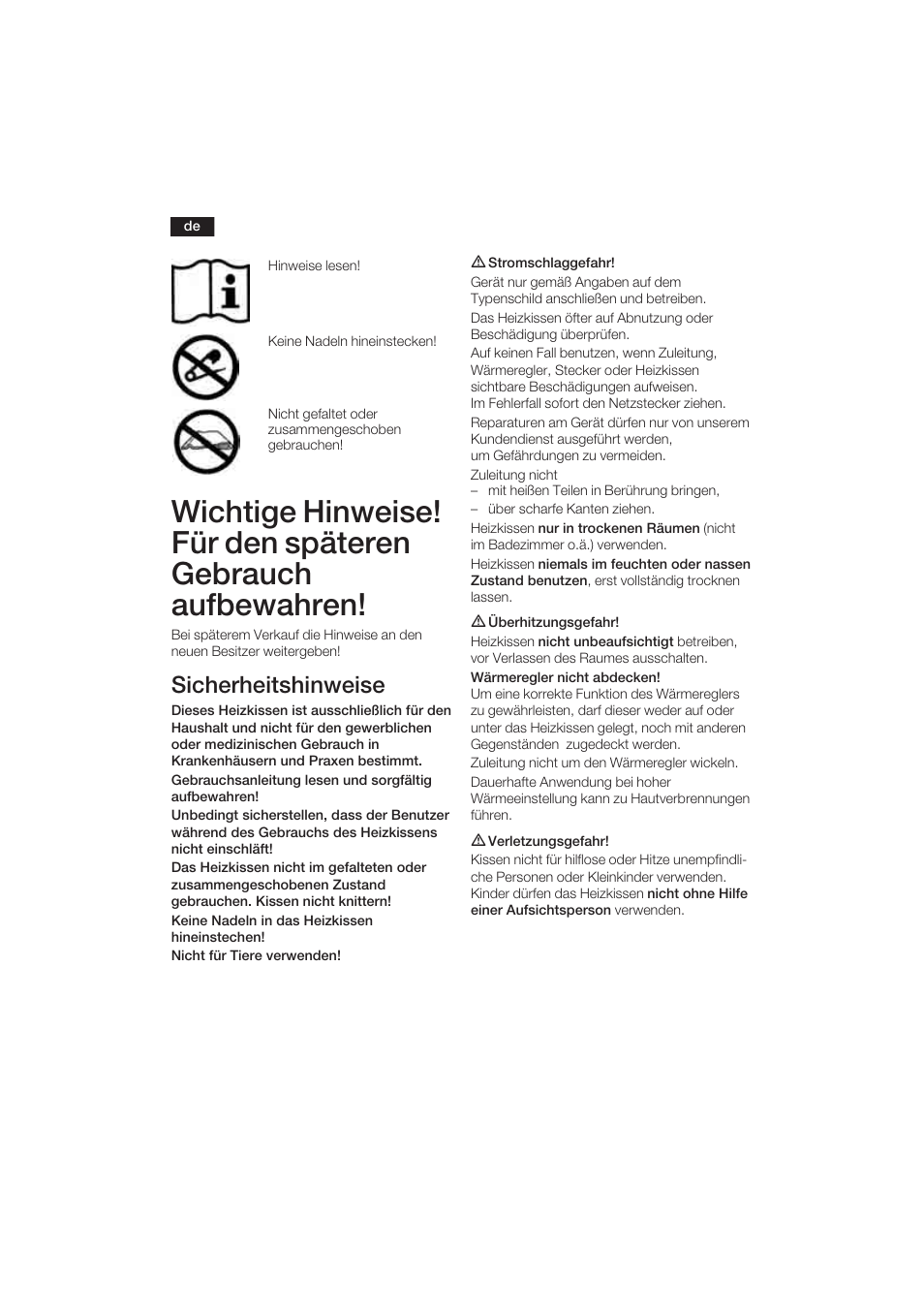 Sicherheitshinweise | Bosch PFP5030 Rücken- und Nackenkissen relaxxtherm sports User Manual | Page 3 / 47