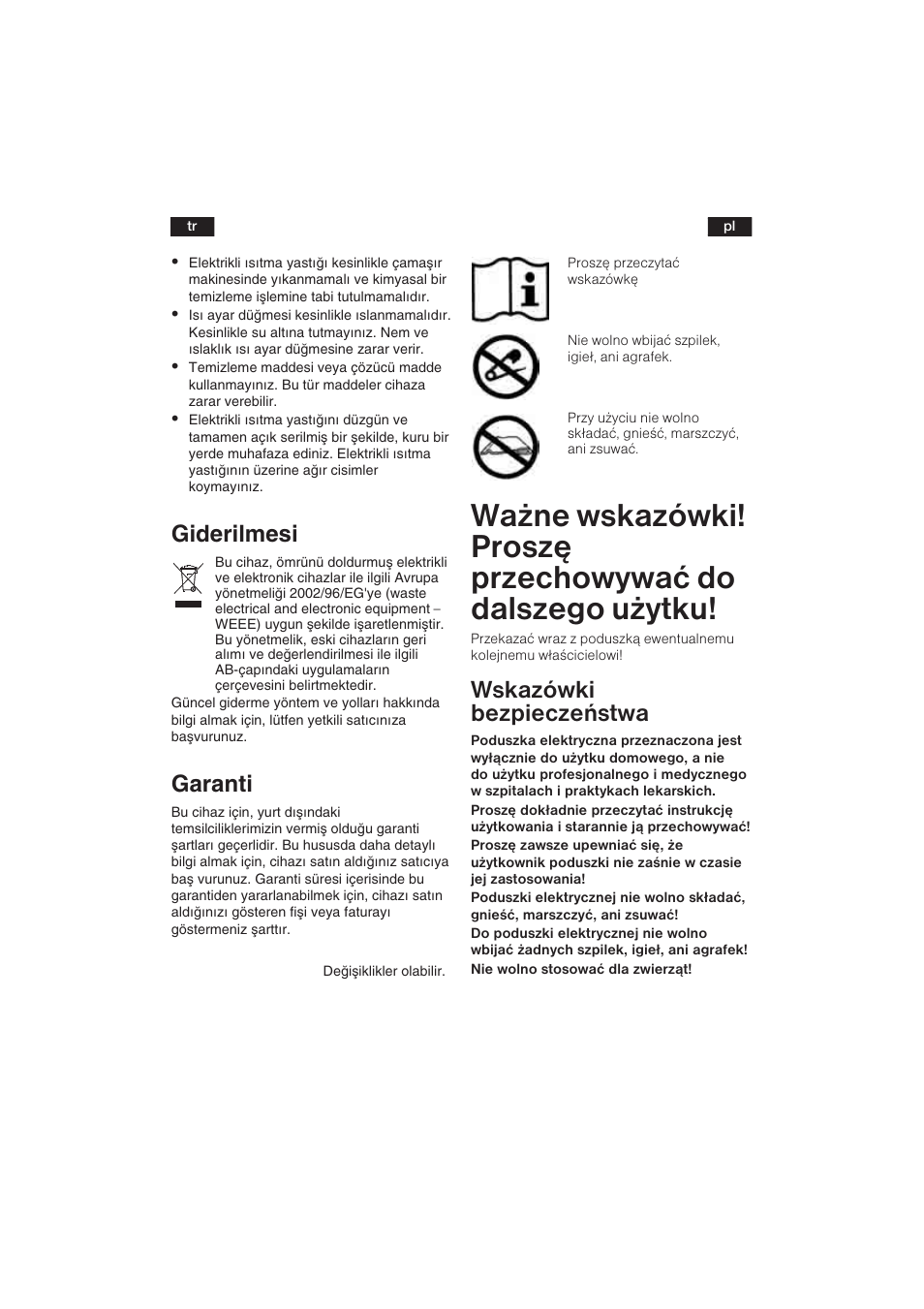 Giderilmesi, Garanti, Wskazówki bezpieczeñstwa | Bosch PFP5030 Rücken- und Nackenkissen relaxxtherm sports User Manual | Page 32 / 47