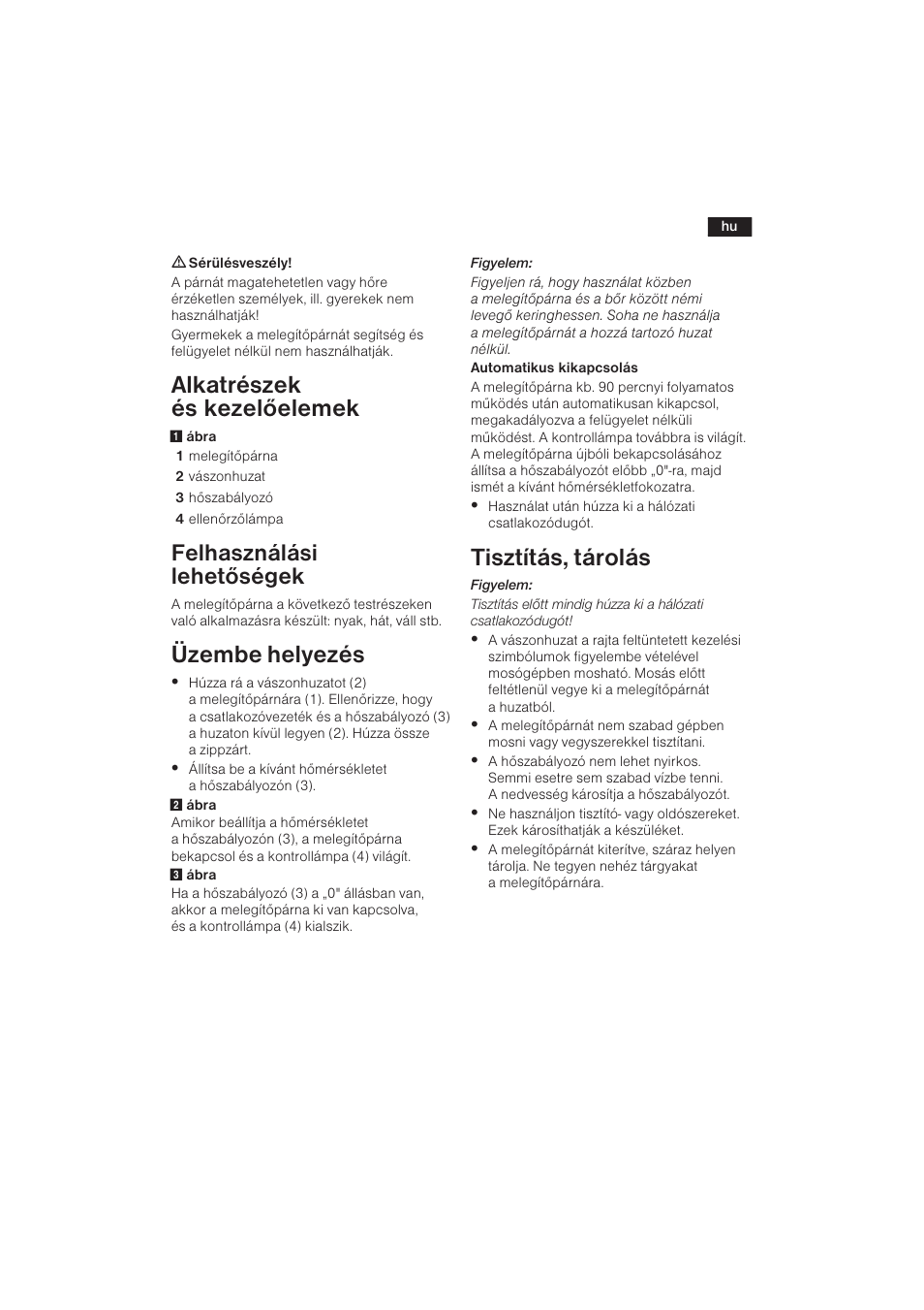 Alkatrészek és kezelõelemek, Üzembe helyezés, Tisztítás, tárolás | Felhasználási lehetõségek | Bosch PFP5030 Rücken- und Nackenkissen relaxxtherm sports User Manual | Page 36 / 47