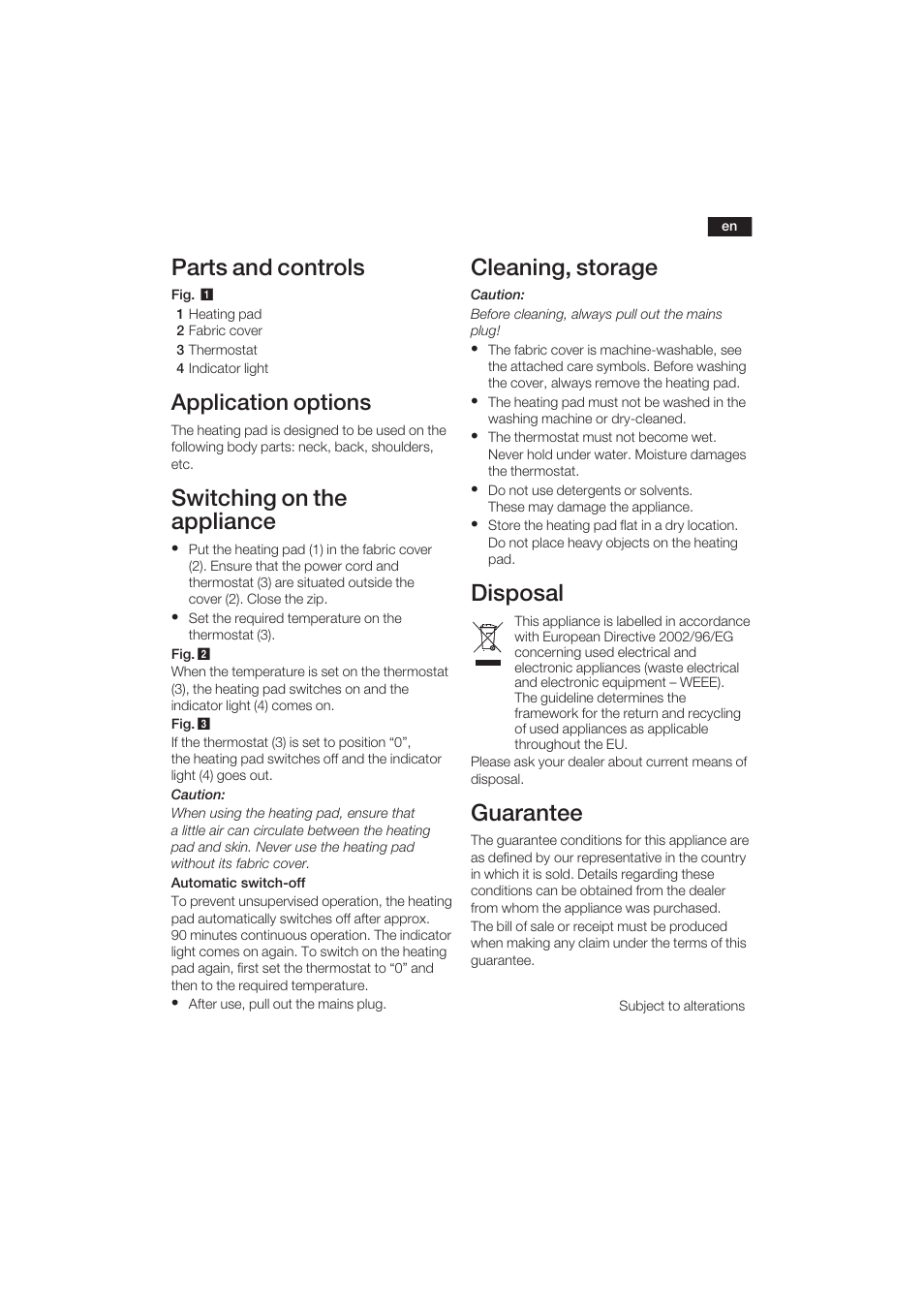 Parts and controls, Switching on the appliance, Cleaning, storage | Disposal, Guarantee, Application options | Bosch PFP5030 Rücken- und Nackenkissen relaxxtherm sports User Manual | Page 6 / 47