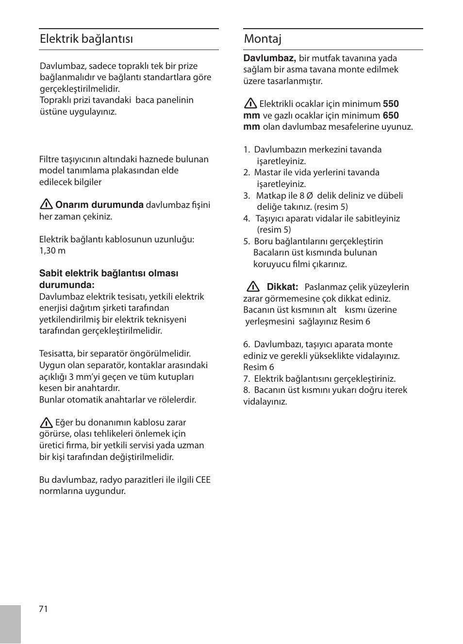 Elektrik bağlantısı, Montaj | Bosch DIC046750 Edelstahl Inselesse 40 cm User Manual | Page 71 / 80