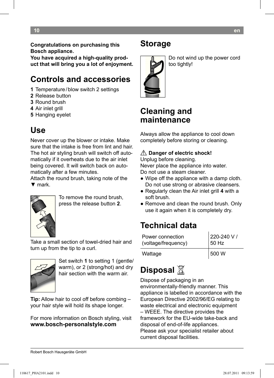 Controls and accessories, Storage, Cleaning and maintenance | Technical data, Disposal | Bosch PHA2101 Warmluftstylingbürste StarShine CurlStyle User Manual | Page 12 / 97