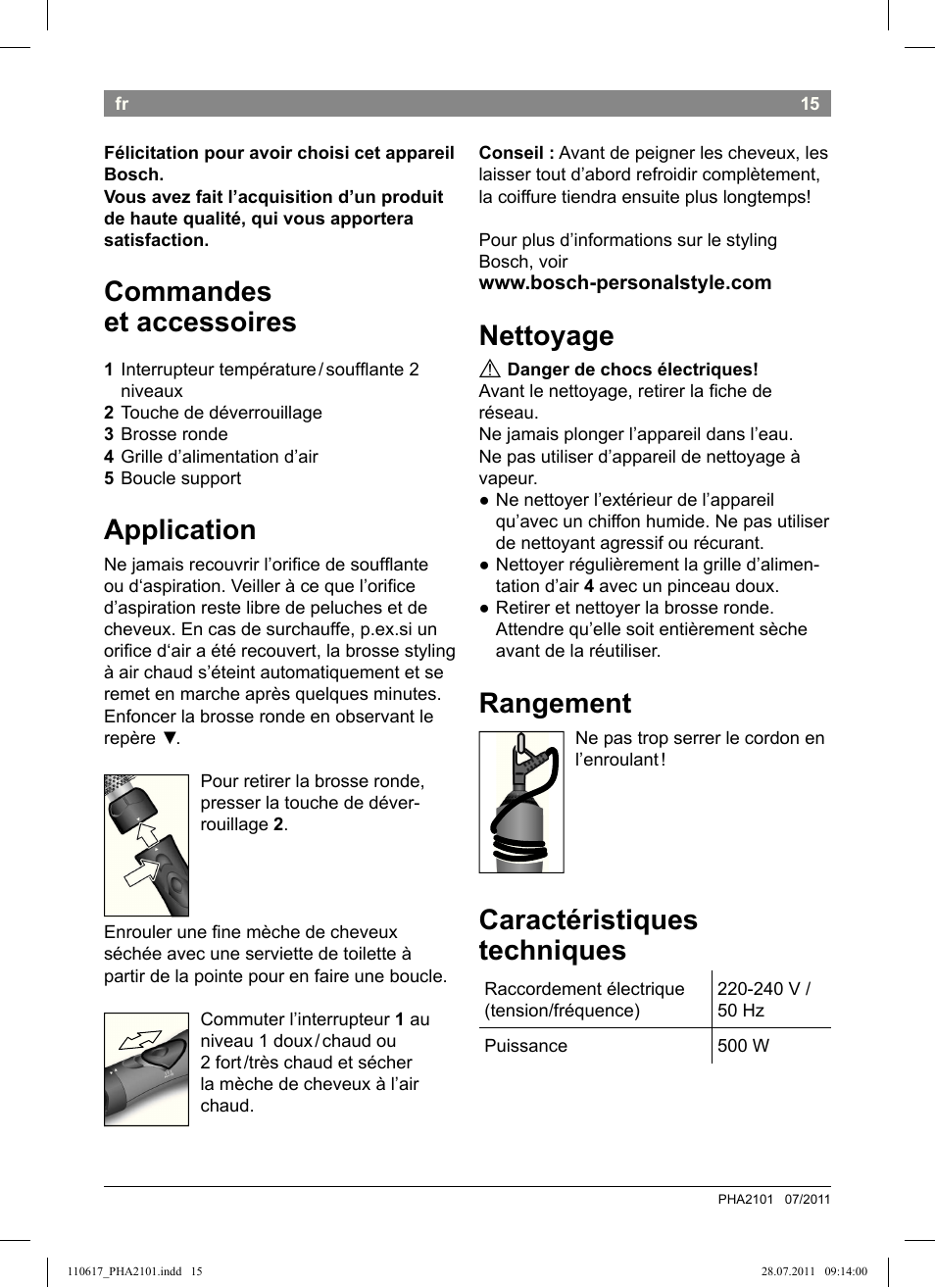 Nettoyage, Rangement, Caractéristiques techniques | Commandes et accessoires, Application | Bosch PHA2101 Warmluftstylingbürste StarShine CurlStyle User Manual | Page 17 / 97