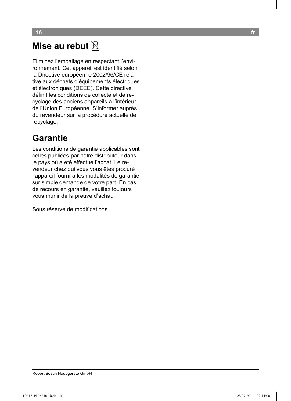 Mise au rebut, Garantie | Bosch PHA2101 Warmluftstylingbürste StarShine CurlStyle User Manual | Page 18 / 97
