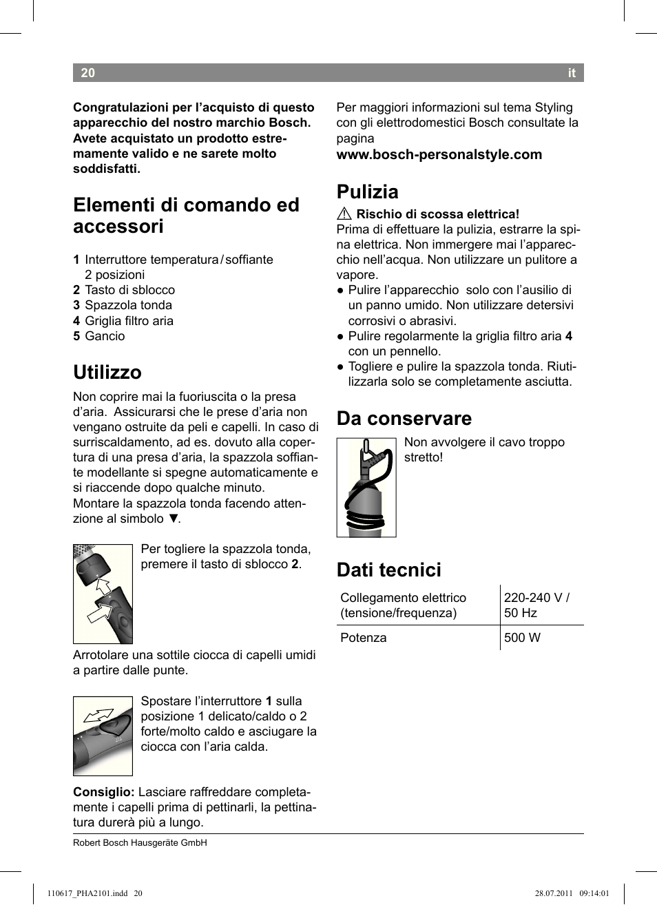 Elementi di comando ed accessori, Utilizzo, Pulizia | Da conservare, Dati tecnici | Bosch PHA2101 Warmluftstylingbürste StarShine CurlStyle User Manual | Page 22 / 97