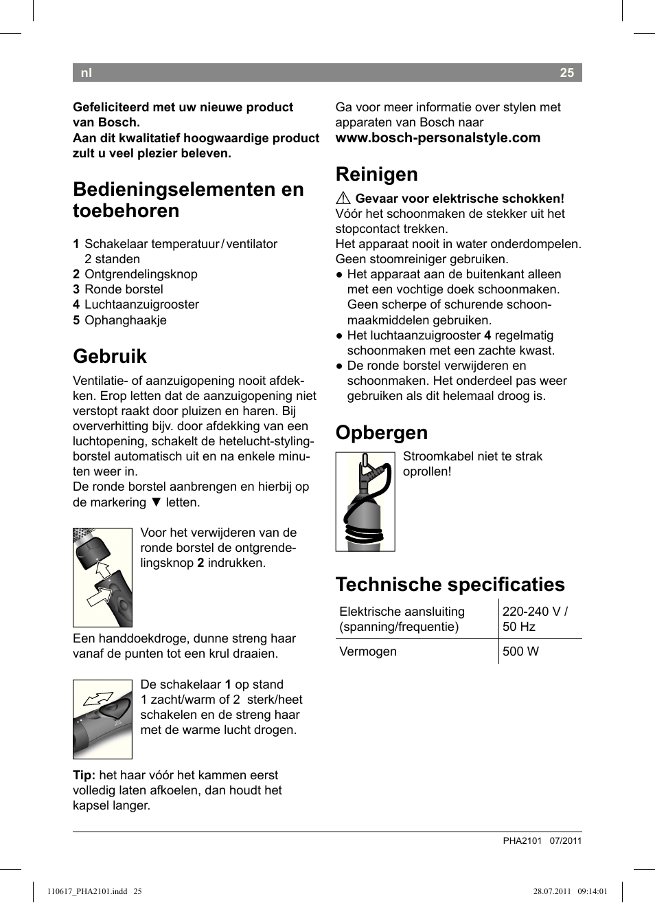 Bedieningselementen en toebehoren, Gebruik, Reinigen | Opbergen, Technische specii caties | Bosch PHA2101 Warmluftstylingbürste StarShine CurlStyle User Manual | Page 27 / 97