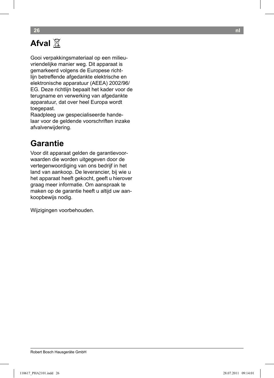 Afval, Garantie | Bosch PHA2101 Warmluftstylingbürste StarShine CurlStyle User Manual | Page 28 / 97