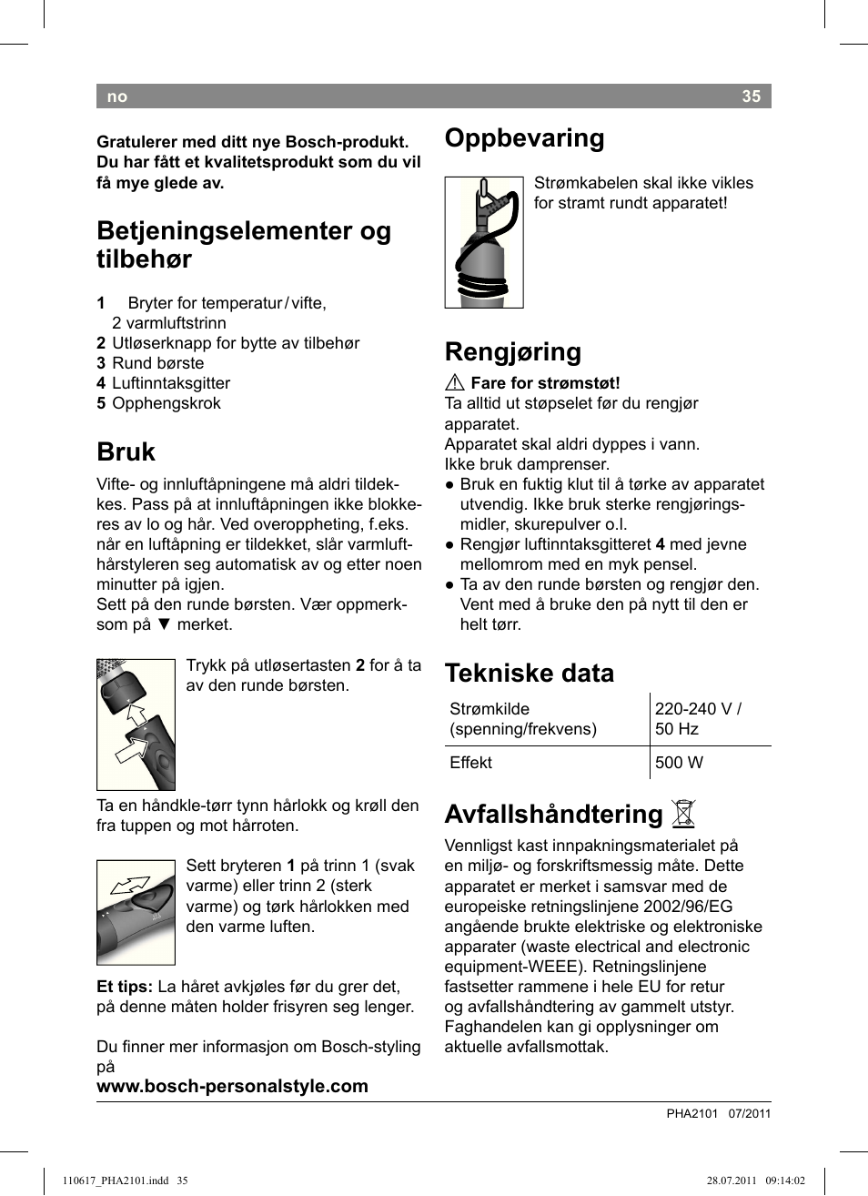 Betjeningselementer og tilbehør, Bruk, Oppbevaring | Rengjøring, Tekniske data, Avfallshåndtering | Bosch PHA2101 Warmluftstylingbürste StarShine CurlStyle User Manual | Page 37 / 97