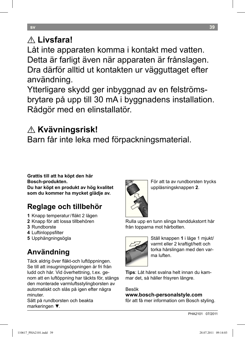 Reglage och tillbehör, Användning | Bosch PHA2101 Warmluftstylingbürste StarShine CurlStyle User Manual | Page 41 / 97