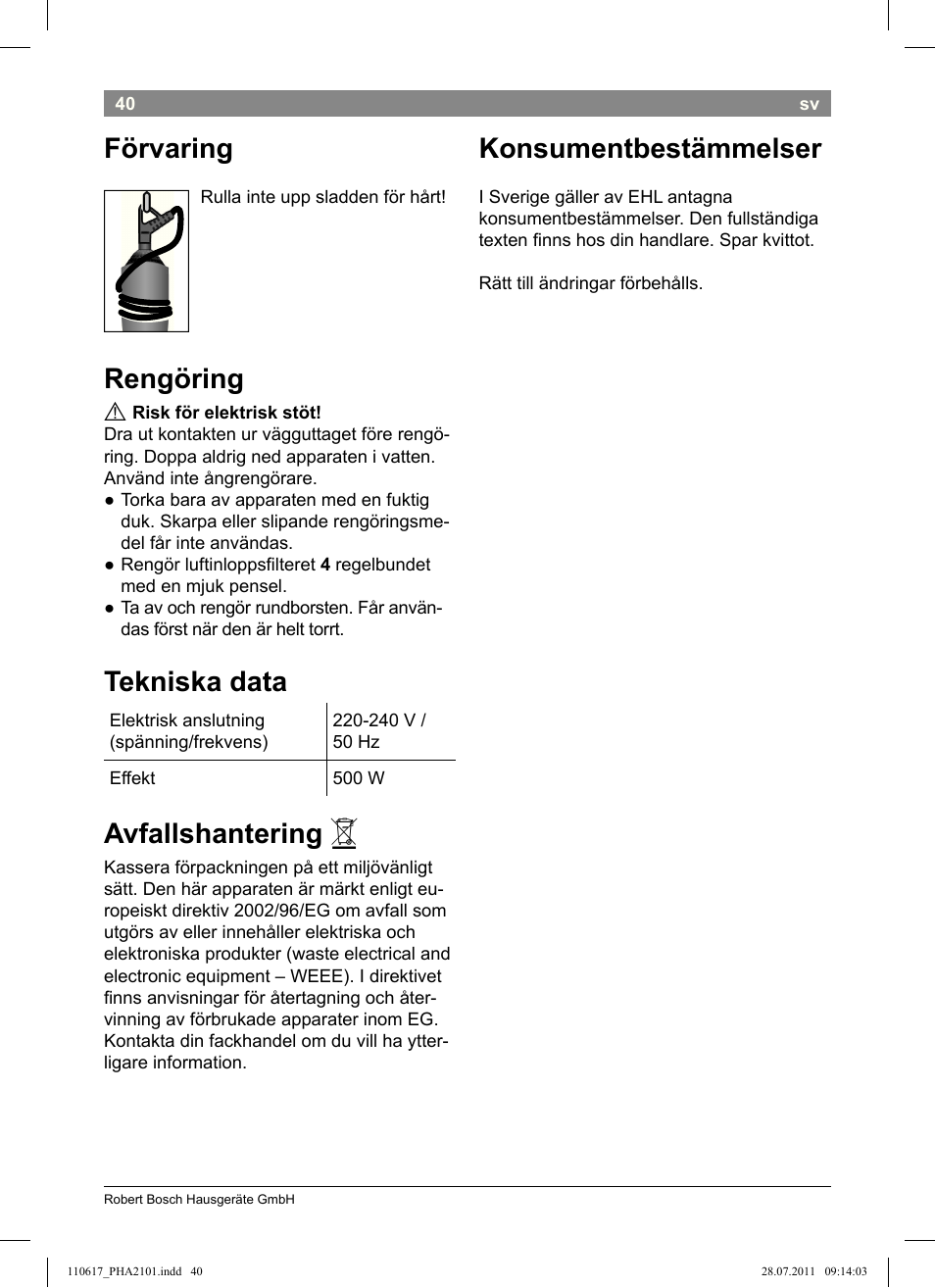 Förvaring, Rengöring, Tekniska data | Avfallshantering, Konsumentbestämmelser | Bosch PHA2101 Warmluftstylingbürste StarShine CurlStyle User Manual | Page 42 / 97