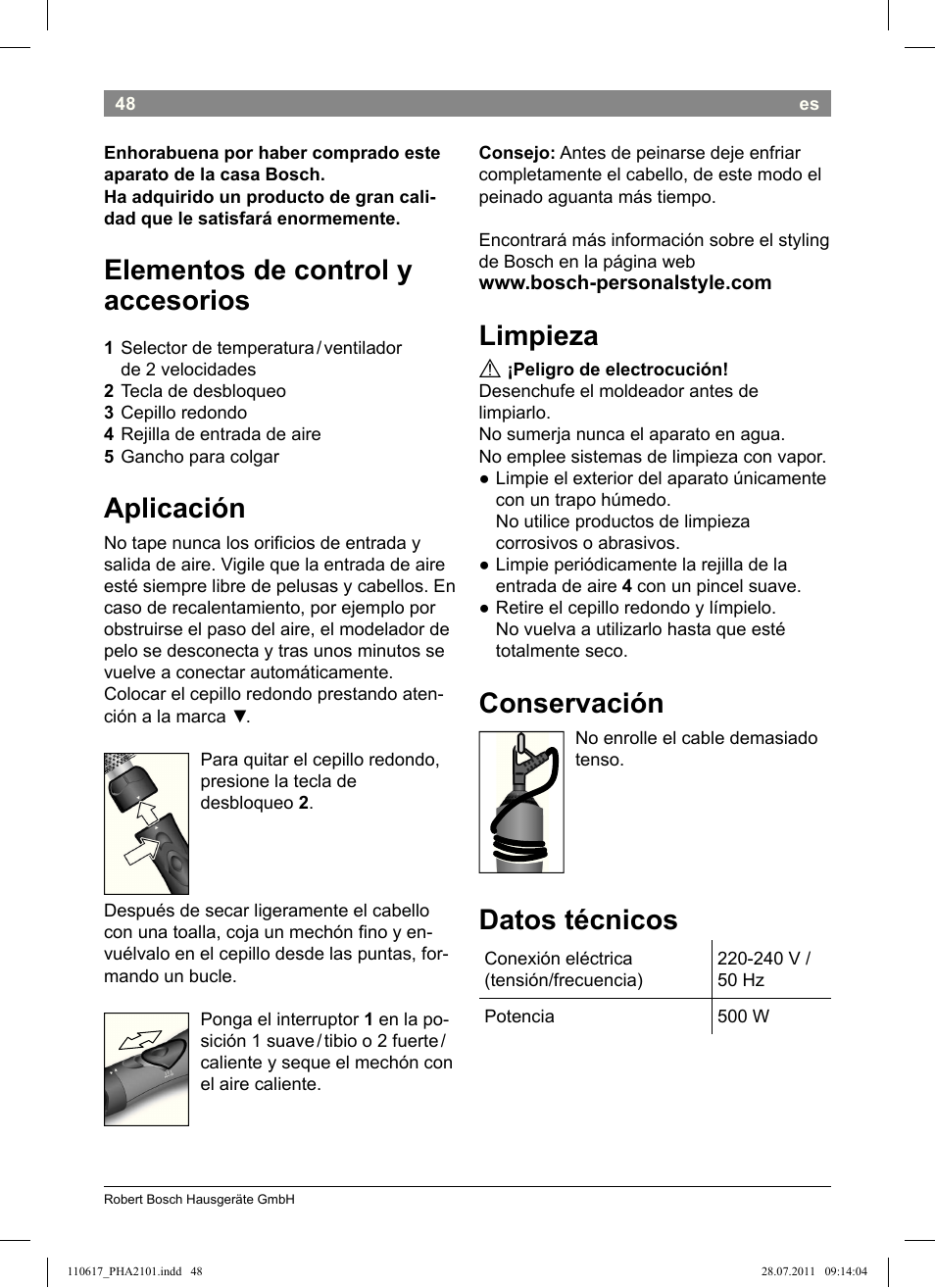 Elementos de control y accesorios, Aplicación, Limpieza | Conservación, Datos técnicos | Bosch PHA2101 Warmluftstylingbürste StarShine CurlStyle User Manual | Page 50 / 97