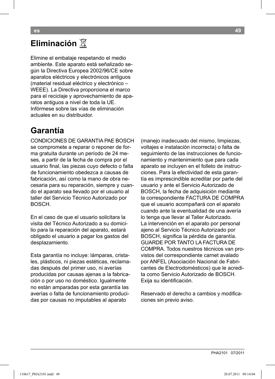 Eliminación, Garantía | Bosch PHA2101 Warmluftstylingbürste StarShine CurlStyle User Manual | Page 51 / 97