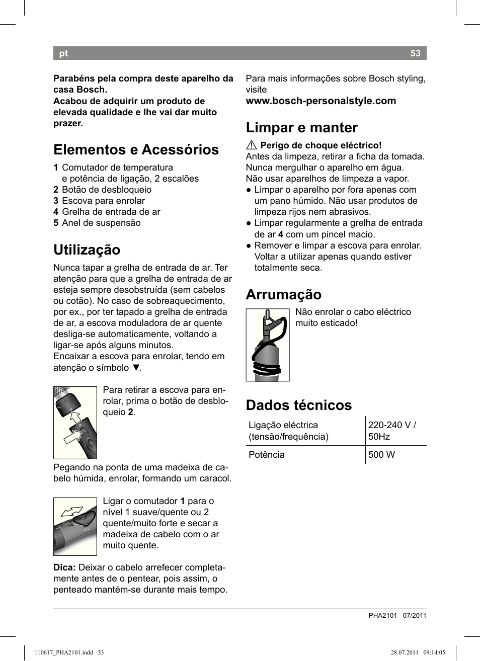 Elementos e acessórios, Utilização, Limpar e manter | Arrumação, Dados técnicos | Bosch PHA2101 Warmluftstylingbürste StarShine CurlStyle User Manual | Page 55 / 97