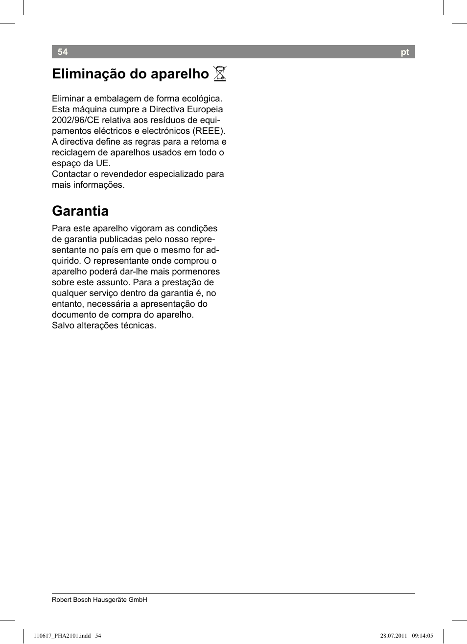 Eliminação do aparelho, Garantia | Bosch PHA2101 Warmluftstylingbürste StarShine CurlStyle User Manual | Page 56 / 97