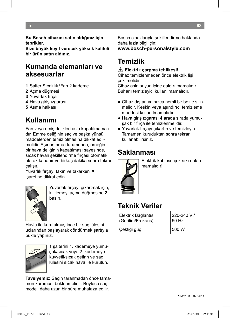 Kumanda elemanları ve aksesuarlar, Kullanımı, Temizlik | Saklanması, Teknik veriler | Bosch PHA2101 Warmluftstylingbürste StarShine CurlStyle User Manual | Page 65 / 97