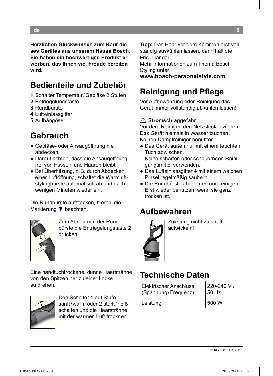 Bedienteile und zubehör, Gebrauch, Reinigung und pﬂ ege | Aufbewahren, Technische daten | Bosch PHA2101 Warmluftstylingbürste StarShine CurlStyle User Manual | Page 7 / 97