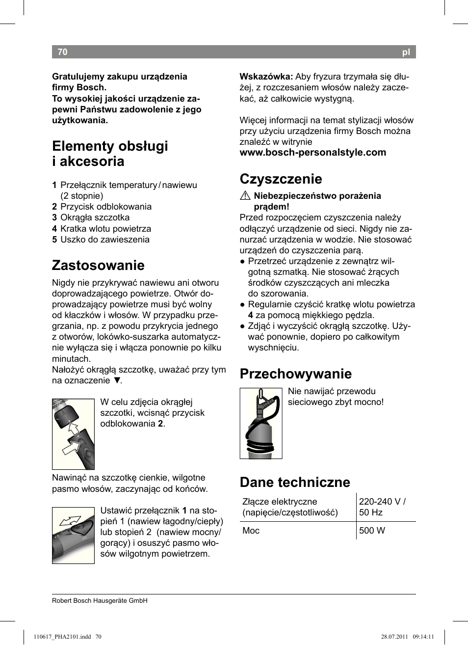 Elementy obsługi i akcesoria, Zastosowanie, Czyszczenie | Przechowywanie, Dane techniczne | Bosch PHA2101 Warmluftstylingbürste StarShine CurlStyle User Manual | Page 72 / 97