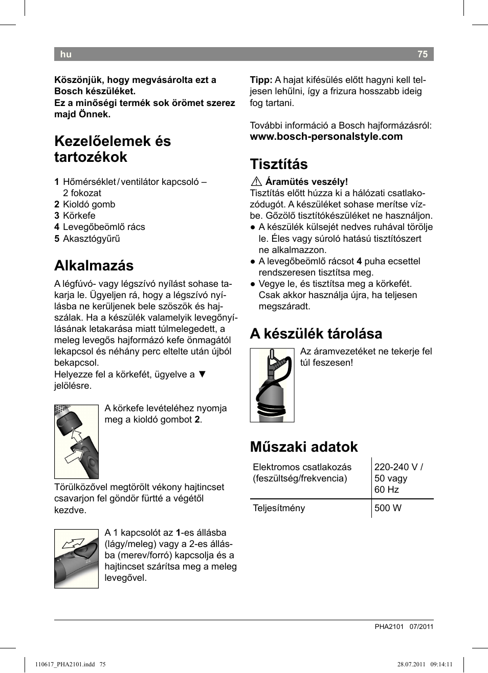 Kezelőelemek és tartozékok, Alkalmazás, Tisztítás | A készülék tárolása, Műszaki adatok | Bosch PHA2101 Warmluftstylingbürste StarShine CurlStyle User Manual | Page 77 / 97