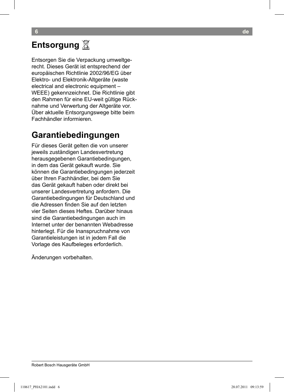 Entsorgung, Garantiebedingungen | Bosch PHA2101 Warmluftstylingbürste StarShine CurlStyle User Manual | Page 8 / 97